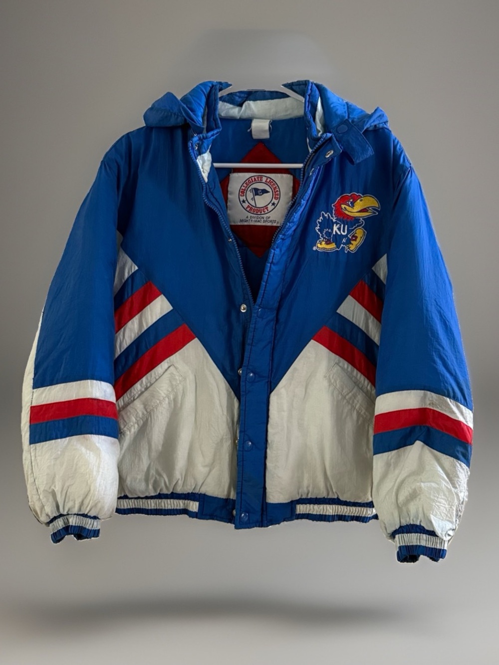 Vintage Kansas Jayhawks KU Puffer Jacket Youth L 14-15 Adult XS Hood Mighty Mac